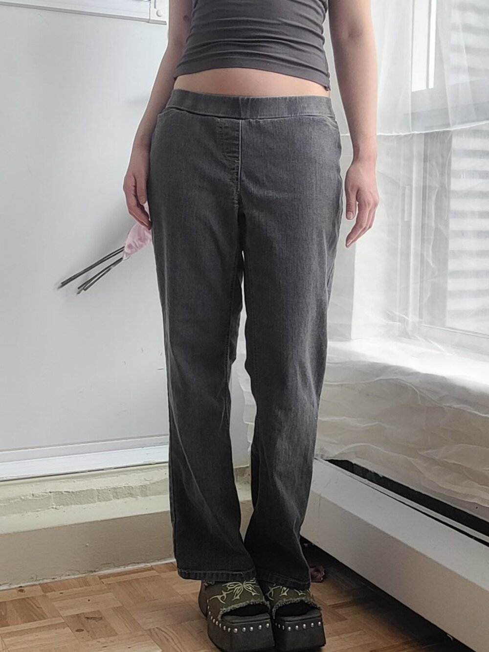 Debbie Denim Elastic Waist Low-Rise Bootcut Pants